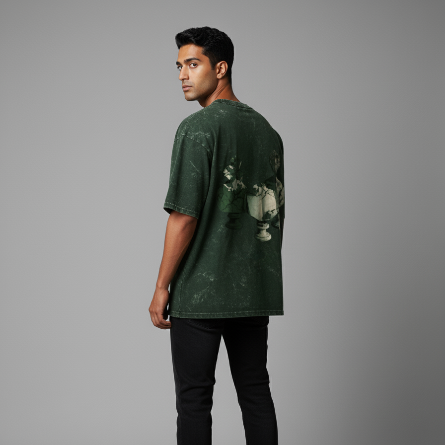 RUINED(Bottle Green) Unisex Acid Washed Oversized Tee