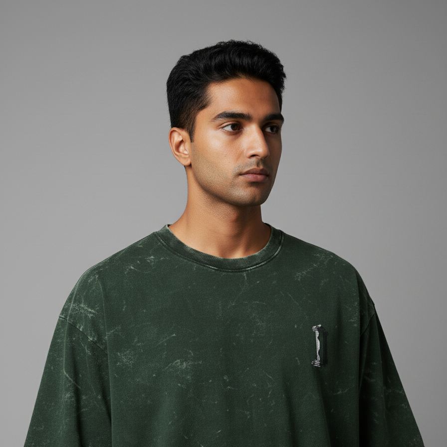 RUINED(Bottle Green) Unisex Acid Washed Oversized Tee