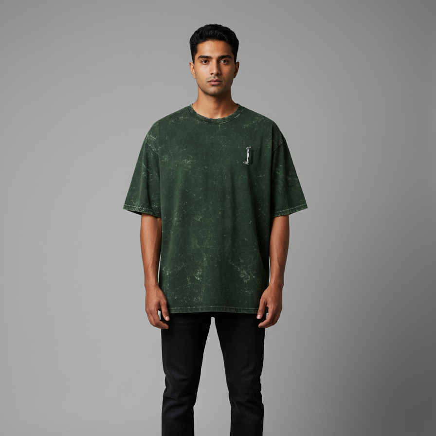 RUINED(Bottle Green) Unisex Acid Washed Oversized Tee