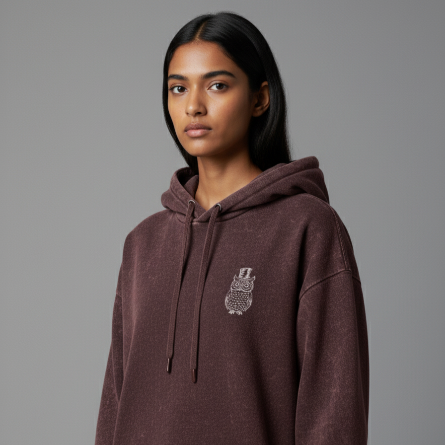 POOKIE OWL(Maroon) Unisex Acid Washed Hoodie