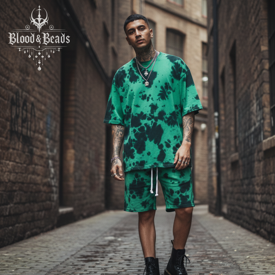 JADE & ONYX (Green) Tie Dye Oversized Tee & Shorts Co-ord Set