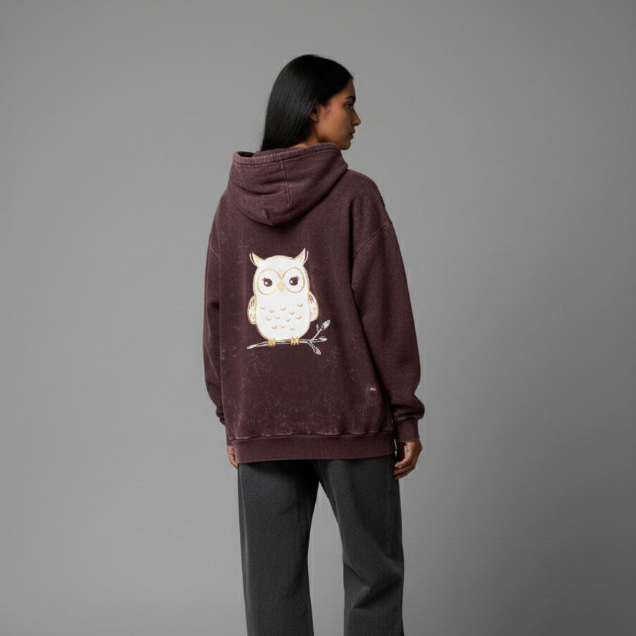 POOKIE OWL(Maroon) Unisex Acid Washed Hoodie