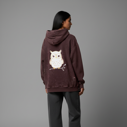 POOKIE OWL(Maroon) Unisex Acid Washed Hoodie