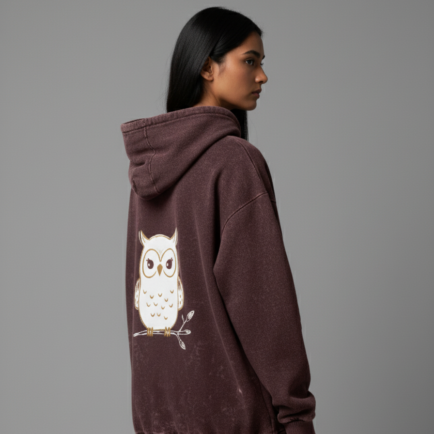 POOKIE OWL(Maroon) Unisex Acid Washed Hoodie